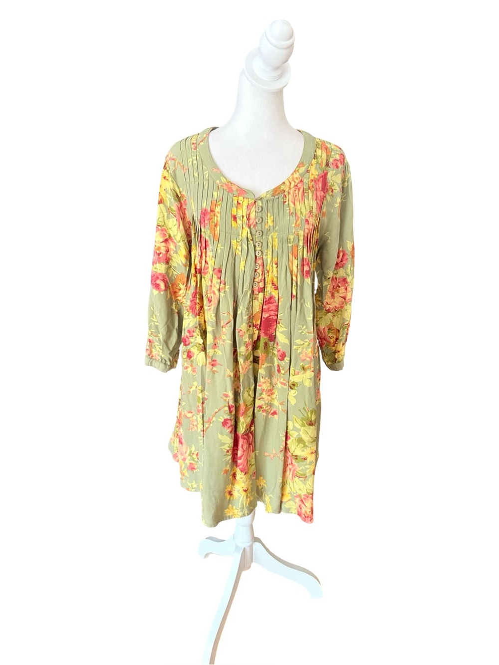 April Cornell Vintage Inspired Floral Pintucked Tunic Dress Womens Size Large